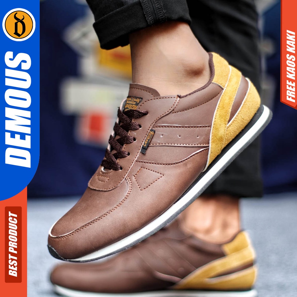 Sepatu Sneakers Pria Kasual Kulit Asli Sporty Kerja Hitam Putih Demous Jellal