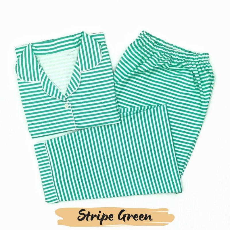 Baju Tidur Wanita | Piyama Wanita Kekinian | Oneset Setelan Wanita Bahan Katun Polymicro Bebas Pilih Motif-Stripe Green
