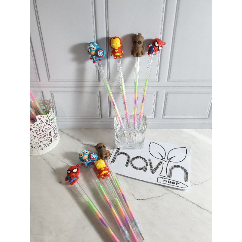 (12pc) pen gel PELANGI highlighter/pen gel warna/pulpen gel fancy/bolpen lucu PELANGI RAINBOW-Superhero + Groot