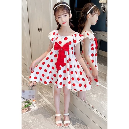 Promo !! Dress anak cewek simple/ dress anak/ dress sale zig zag ribbon polka import uk 3-7th (orange,hitam)