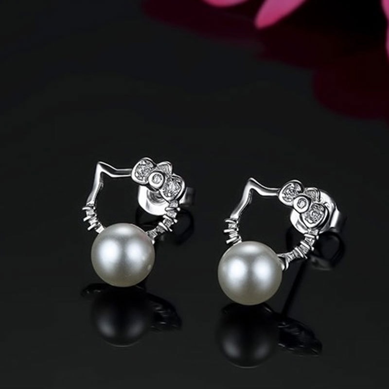 BTS-ERE129HK TINO Anting Lucu Gaya Korea Wanita Hello Kitty Mutiara/Anting Silver 925 Murah