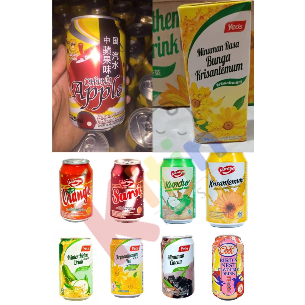 

Minuman Kaleng Natal Sincia Imlek 325 Ml Yeos Cincau Kembang Kundur Walet Apel Naraya Sarsi Orange Fanta Sprite Cola AW / Hampers Natal Imlek HARGA PER KARTON (isi 24pcs)