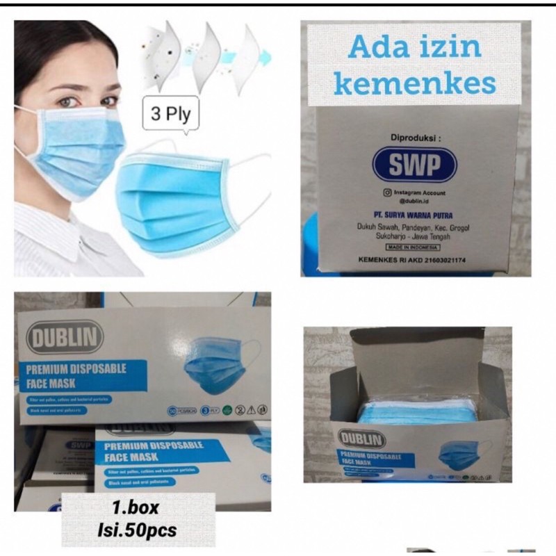 MASKER DUBLIN PREMIUM DISPOSABLE FACE MASK  EARLOOP 3PLY KEMENKES RI ISI 50PCS PERBOX