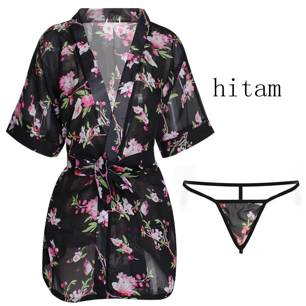 Lingerie kimono set baju tidur wanita transparan kimono G-String a187