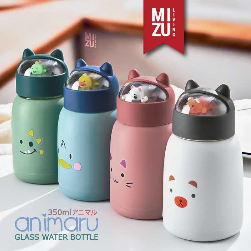 MIZU ANIMARU Glass Water Bottle Botol Air Minum Kaca BPA-Free Tumbler Kelinci Anak