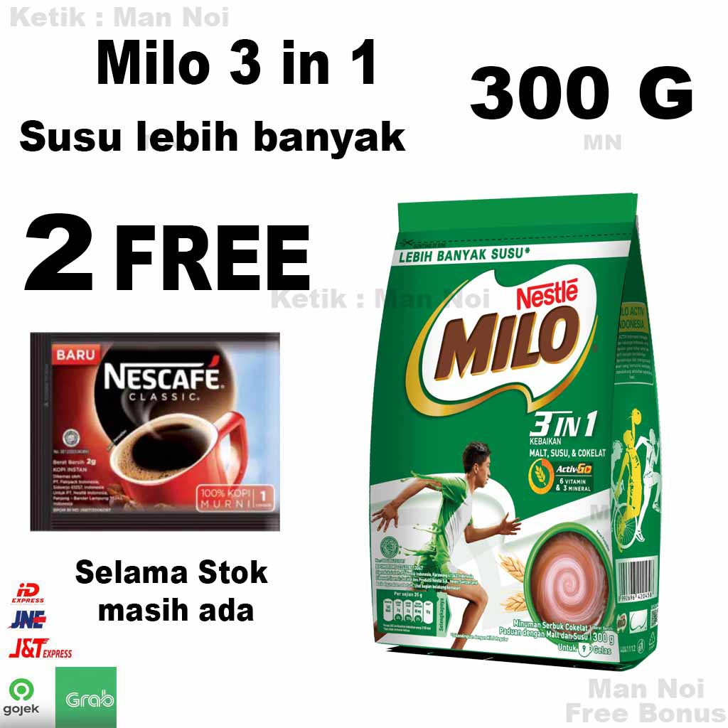 

NESTLE MILO ACTIV-GO 3IN1 MINUMAN SERBUK COKLAT 300gr.FREE BONUS.Man Noi.Tangerang