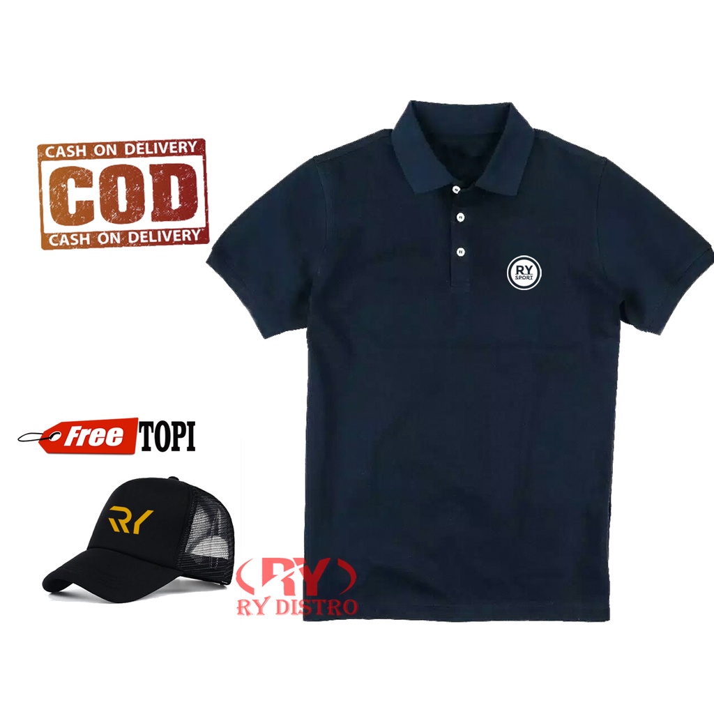PROMO BONUS TOPI... Kaos Pria Polo Kerah RY Sport Bulat Putih + Topi Keren / Kaos Polo /Kaos Distro