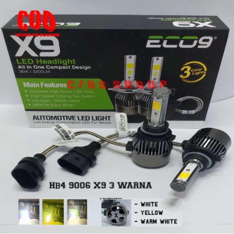 LAMPU LED  HEADLAMP FOGLAMP MOBIL H4 H11 H7 HB3(9005) HB4(9006) X9 ECO9 3 WARNA PUTIH, KUNING, DAN WARM WHITE