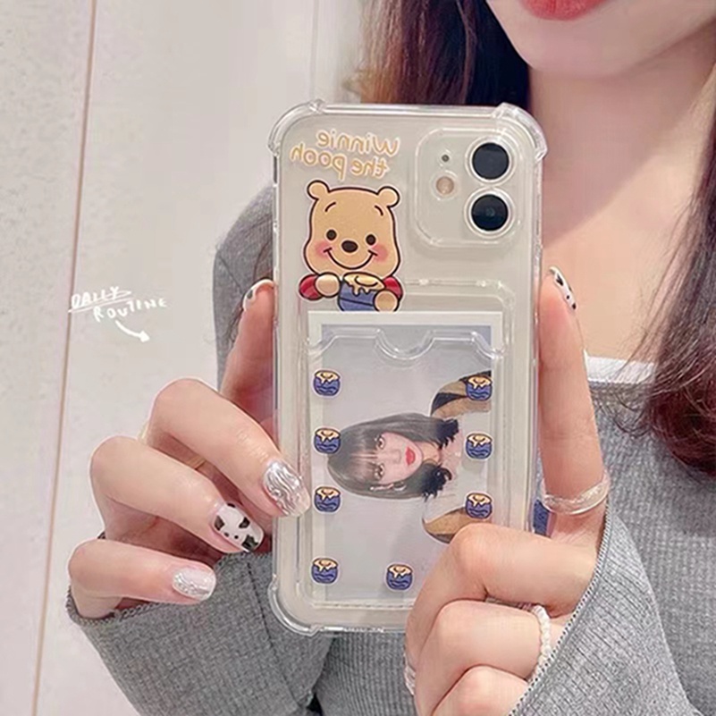 Lovely Pink Bear Card Holder Clear Phone Case for iPhone 13 12 11 Pro Max XR XS Max iPhone 7 Plus 8 Plus SE 2020 Anti-fall Wallet Card Protective Shockproof Soft TPU Back Cover