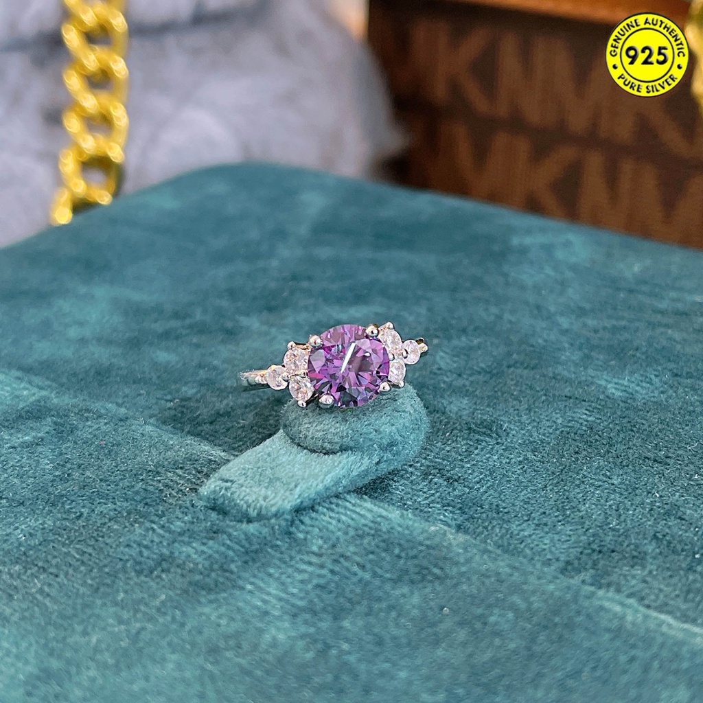 Cincin Bahan Sterling Silver 925 Hias Berlian 1 Karat Warna Ungu Untuk Wanita