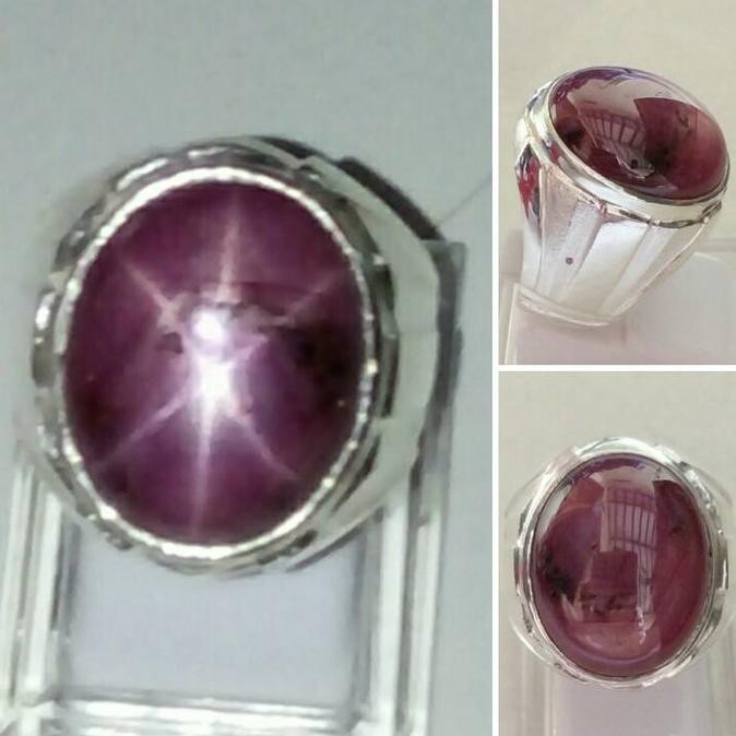 Cincin Perak 925 batu mulia Natural Ruby Star 6 Ray mid size