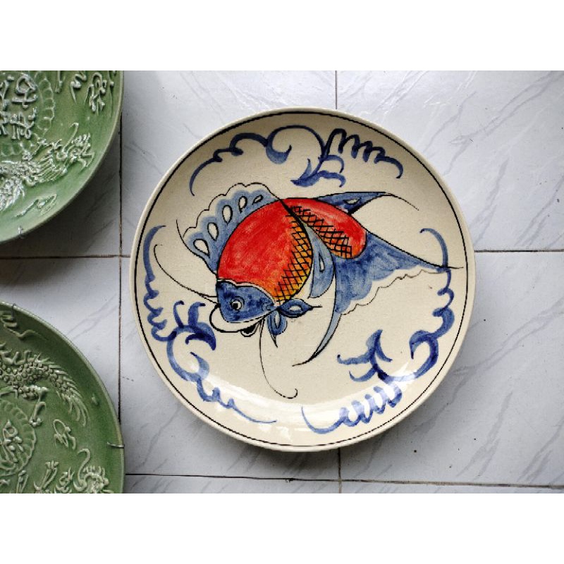 piring hias keramik diameter 40 cm motif ikan