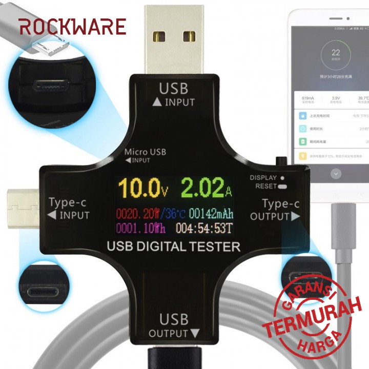 ROCKWARE USB Tester Colored LCD Display Voltase Ampere Support USB C