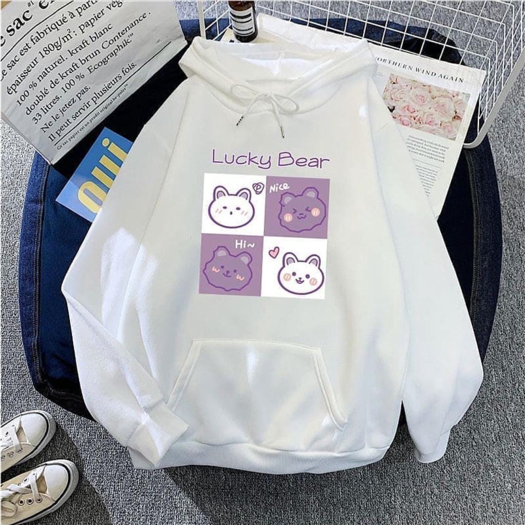 Sweter Hoodie remaja anak tanggung Lucky Bear Bahan Fleece ori