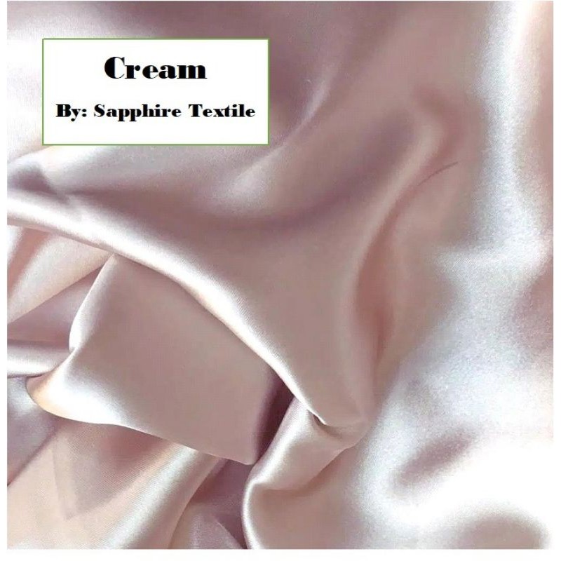 1Meter Kain Satin Silk Kilap Premium Jakarta Maxmara Lux (Jenis Bahan) Satin Bridesmaid Saten Silk Premium Kilap Bahan Satin Silk Charmuse Meteran Grosir Murah dan Bagus-Cream