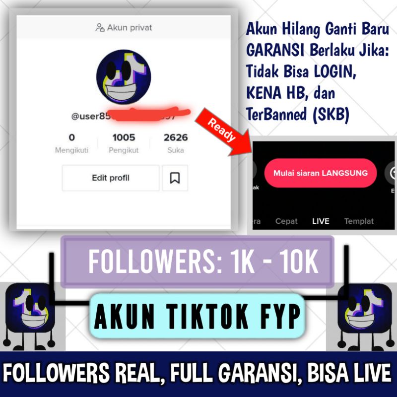 Akun Tiktok 1-10K Followers Real Full Garansi Bisa Livestreaming