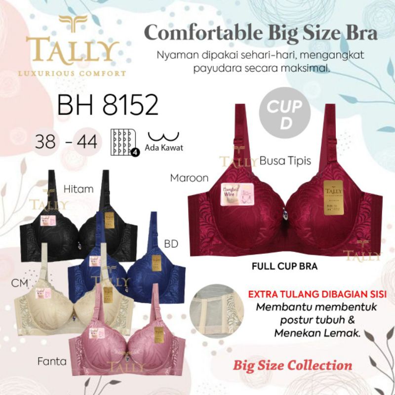 TALLY BRA BH RENDA 8152 | CUP D | ADA KAWAT | EXTRA TULANG PENEKAN LEMAK | BUSA TIPIS | KAIT 4 | SIZE 38 - 44