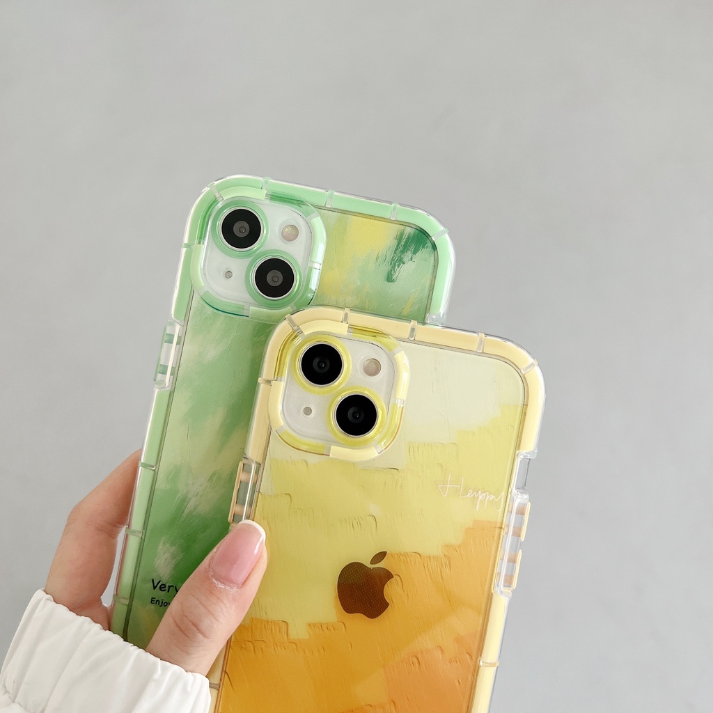 Glowing At Night Soft Case iP iPhone 11 12 13 14 Pro Max X XS XR Max Green &amp; Yellow Gradient Watercolor Casing Apple