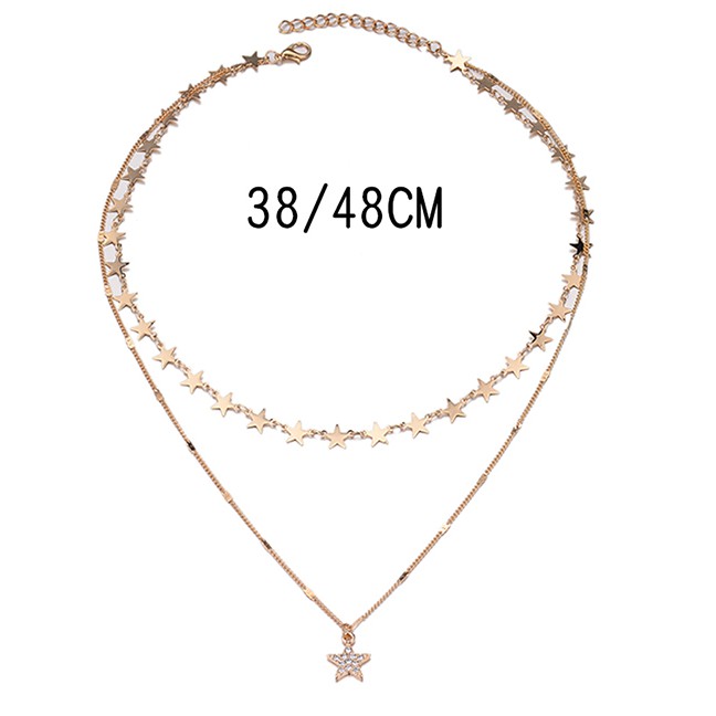 LRC Kalung Fashion Gold Color Alloy Double-layer Diamond Five-pointed Star P82897