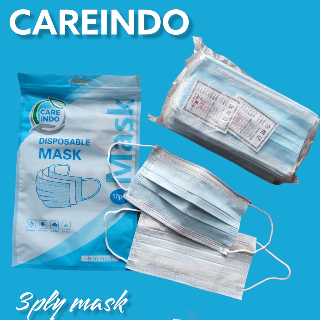 CAREINDO 3PLY POUCH ZIP -  MASKER 3PLY CAREINDO EARLOOP FACE MASK MEDICAL GRADE - BIRU HITAM