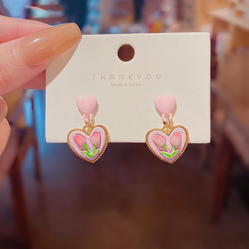 Anting Tusuk Gantung Bahan Sterling silver 925 Desain Bunga Tulip Pink Untuk Wanita