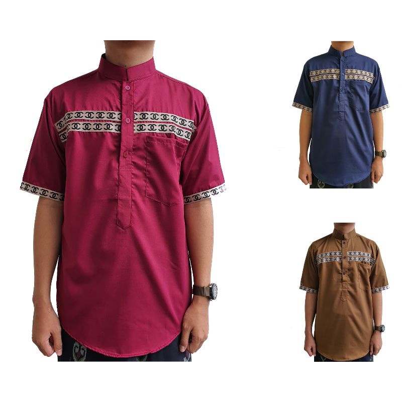 Baju Koko Kurta Pria Lengan Pendek Bordir Chanel Bahan Adem Katun Muslim Modern Casual Lebaran