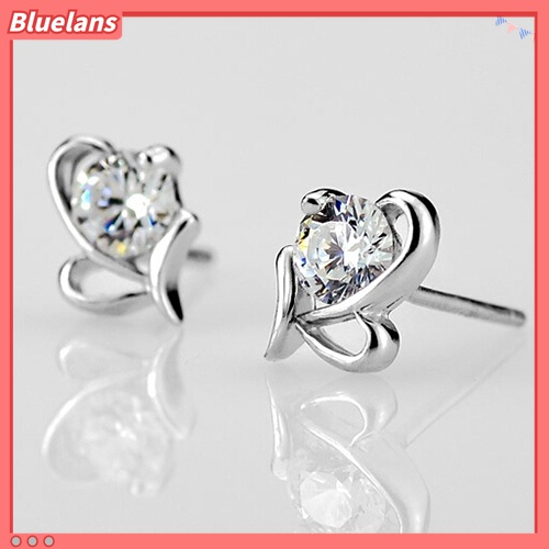 Anting Stud 925 Sterling Silver Bentuk Hati Bulat Aksen Zircon Untuk Wanita