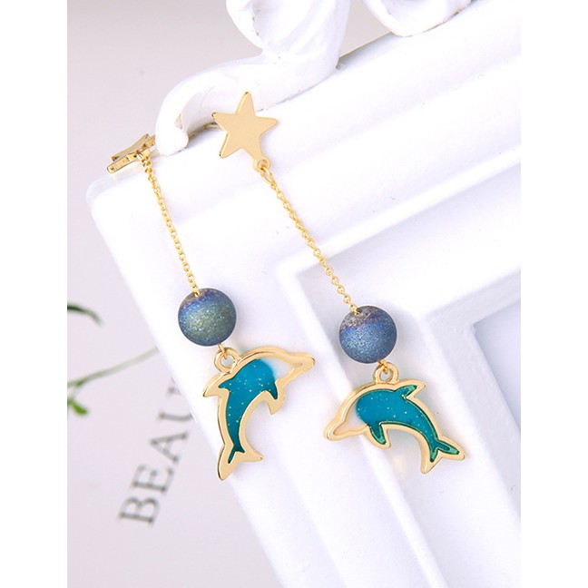 LRC Anting Tusuk Fashion Gold S925 Silver Needle Drip Dolphins Earrings F67648