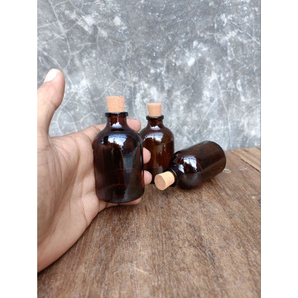Botol Kaca VIAL 50ml AMBER / COKLAT 50ml tutup kayu gabus / plastik / karet / segel / botol diffuser