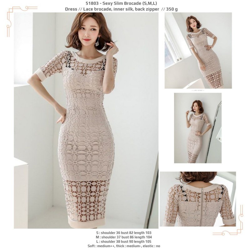 51803 Sexy Slim Brocade Dress / Dress Pesta Brokat Krem