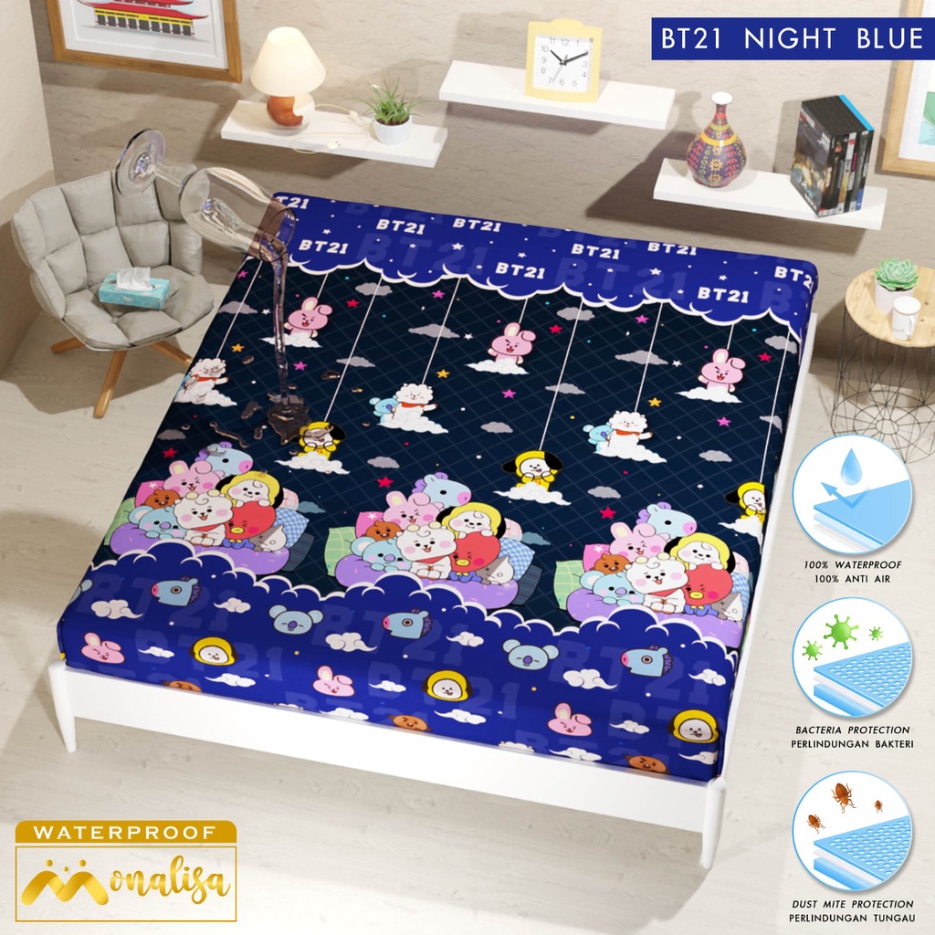 MONALISA Sprei Waterproof 180x200 - anti ompol air water proof Paus Rainbow  Rainbow Dinosaurus Rocket Galaxy180 SP-BT21 Night Blue - WP