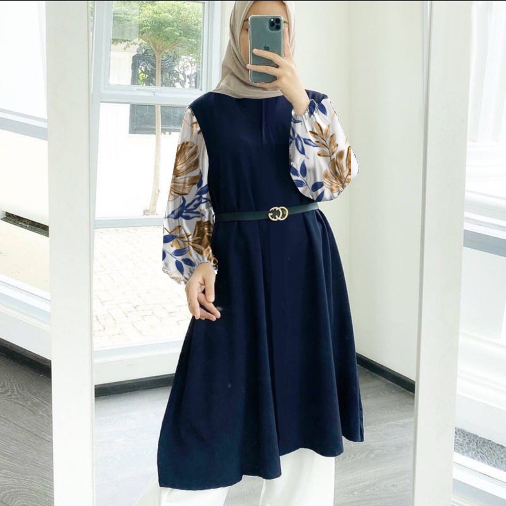 Tunik Jumbo - Gamis Wanita Kekinian - Baju Atasan Wanita - Bungaz Motif Gabungan - Lexoir-Bungaz Tunik Navy