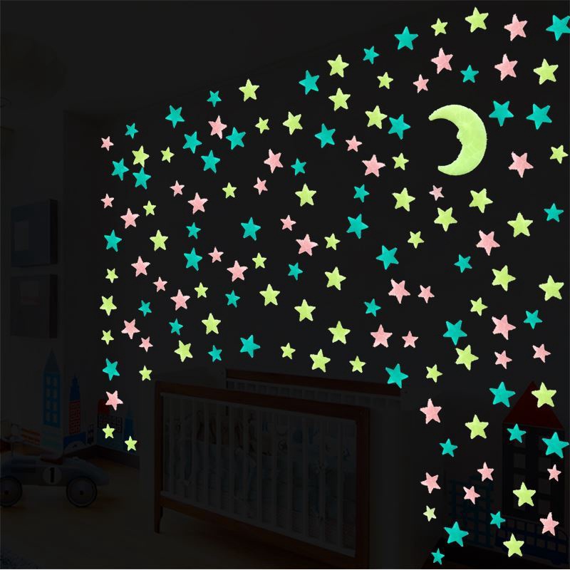 100 Pcs Stiker Dinding 3D Bentuk Bulan Bintang Glow In The Dark Bahan PVC Untuk Dekorasi Natal