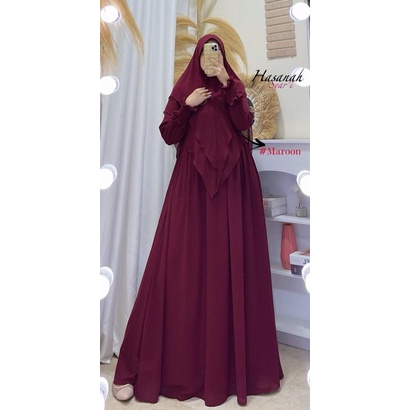 Gamis syari hasanah bahan ceruty baby doll premium full furing / busui / resleting-Maroon