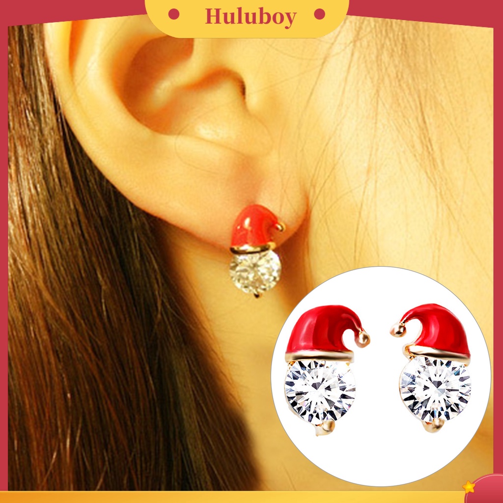 Hu Hu Hu Hu Hu Alat Bantu Pasang Kacamata♡ 1 Pasang Anting Stud Cubic Zirconia Bentuk Topi Natal Warna Merah Untuk Wanita