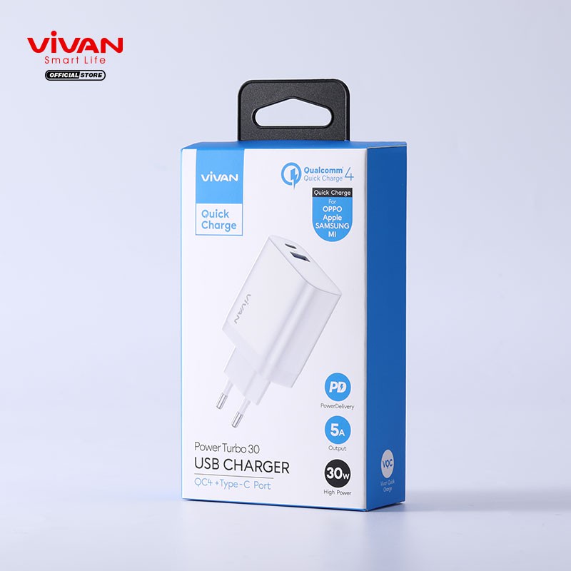 MINIGO~Charger VIVAN Power Turbo 30 30W 5A Quick Charging Fast Charging QC 4.0 + Type C Port Smart Protection - Garansi Resmi 1 Tahun
