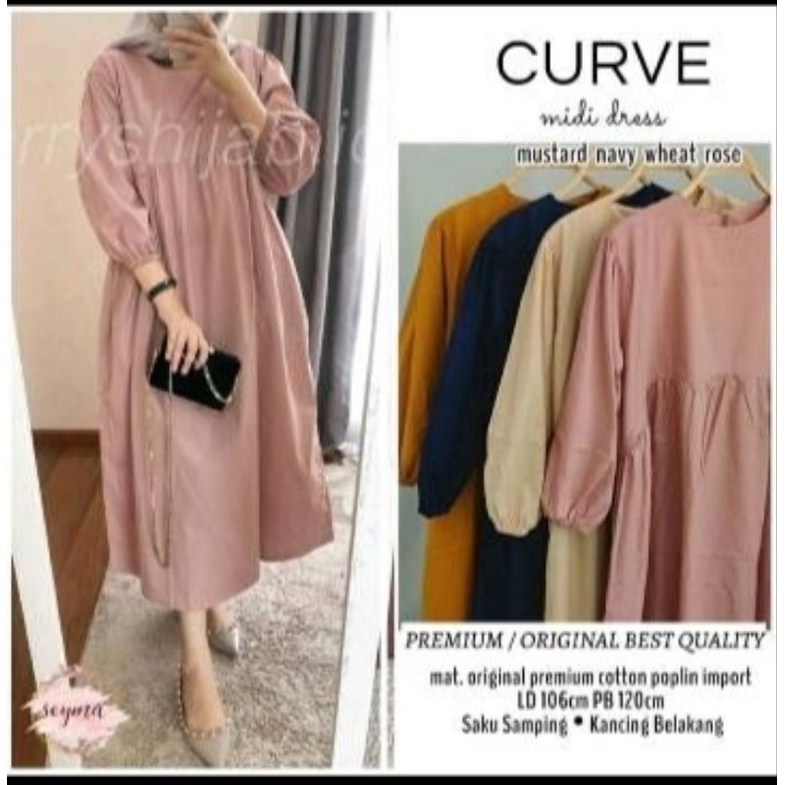 Seika Curve Midi Dress Katun Linen Rami Polos Busui Friendly Resleting Depan