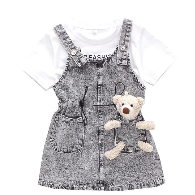 CG DR63 - FREE BONEKA Dress Overall 2in1 Set Kaos + Overall Jeans