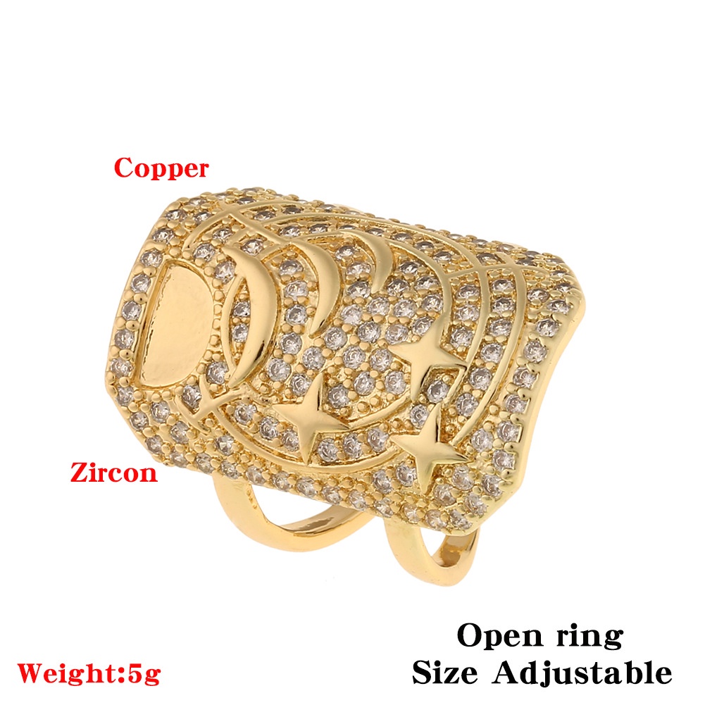 Ornamen tembaga lebar warna emas 18K zirkon cincin pria dan wanita pembukaan adjustable Cincin