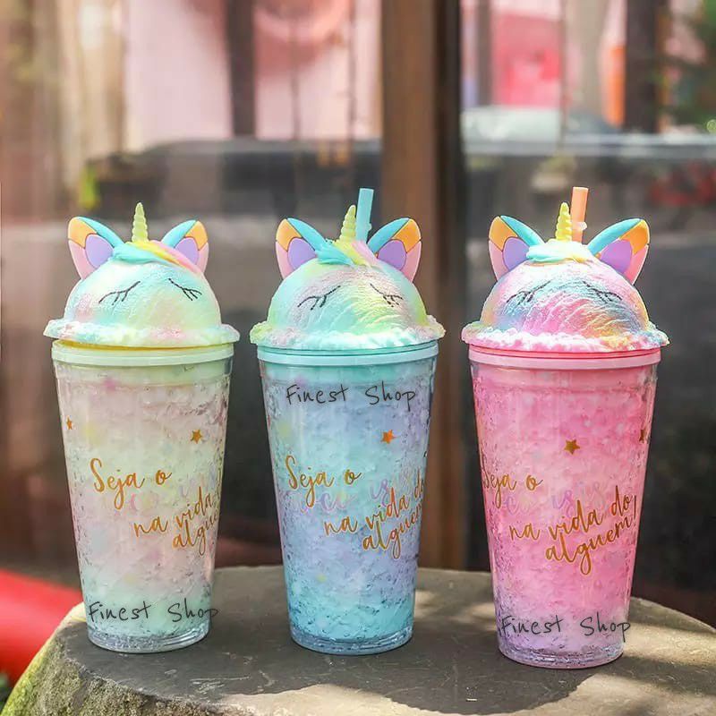 Tumbler Unicorn Gelas GLITTER Sedotan Bubble Rainbow Sparkle Blink Kristal Unik Double Wall Cup Glass Tempat Minum Hologram Design Gelas Lampu Unik Light Glass Bottle Straw Cup-6