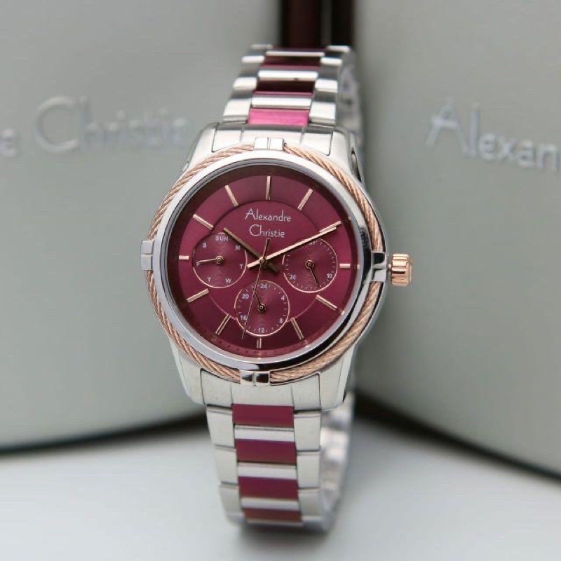 Jam Tangan Wanita Alexandre Christie AC2843 Silver red  Original