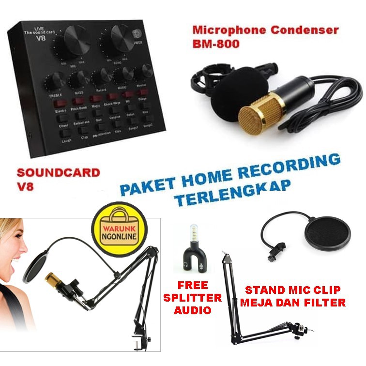 Paket Alat Rekaman Profesional Home Recording Mic Bm 800 Soundcard V8 Stand Klip Meja Filter Shopee Indonesia