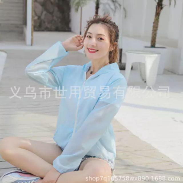 Jaket Wanita Trend Korea Anti UV Parasut Semi Transparan Woman Summer Sport Olahraga Casual Jacket-Biru Muda