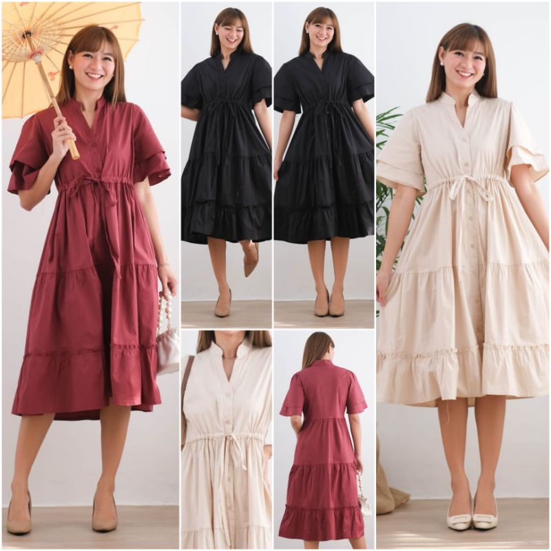 ♡ PREMIUM ♡ ORIGINAL ! CHERISH PLAIN BUTTON HIGH NECK LAYER SLEEVE LAYER MIDI DRESS ( BUSUI &amp; BUMIL FRIENDLY )