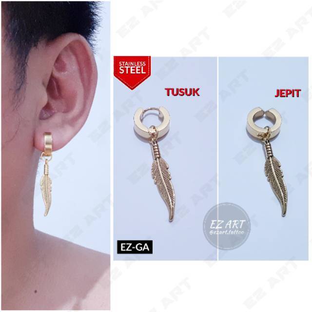 1Pc Model EZ-GA Gold Emas Anting Pria dan Wanita Jepit Tusuk Variasi Bandul Bulu Feather KPOP Punk