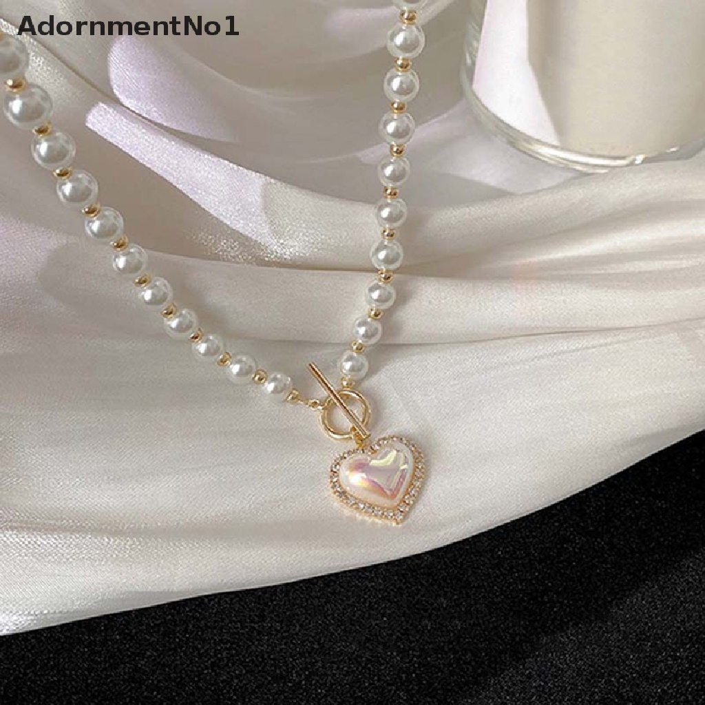 (AdornmentNo1) Kalung Rantai Dengan Liontin Hati + Mutiara + Berlian Imitasi Elegan Gaya Korea Untuk Wanita