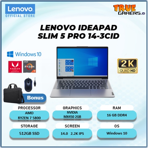 LENOVO IDEAPAD SLIM 5 PRO 14  MX450 2GB RYZEN 7 5800 16GB 512SSD W10+OHS 14.0 2.2K IPS 100SRGB BLIT 2 tahun garansi resmi