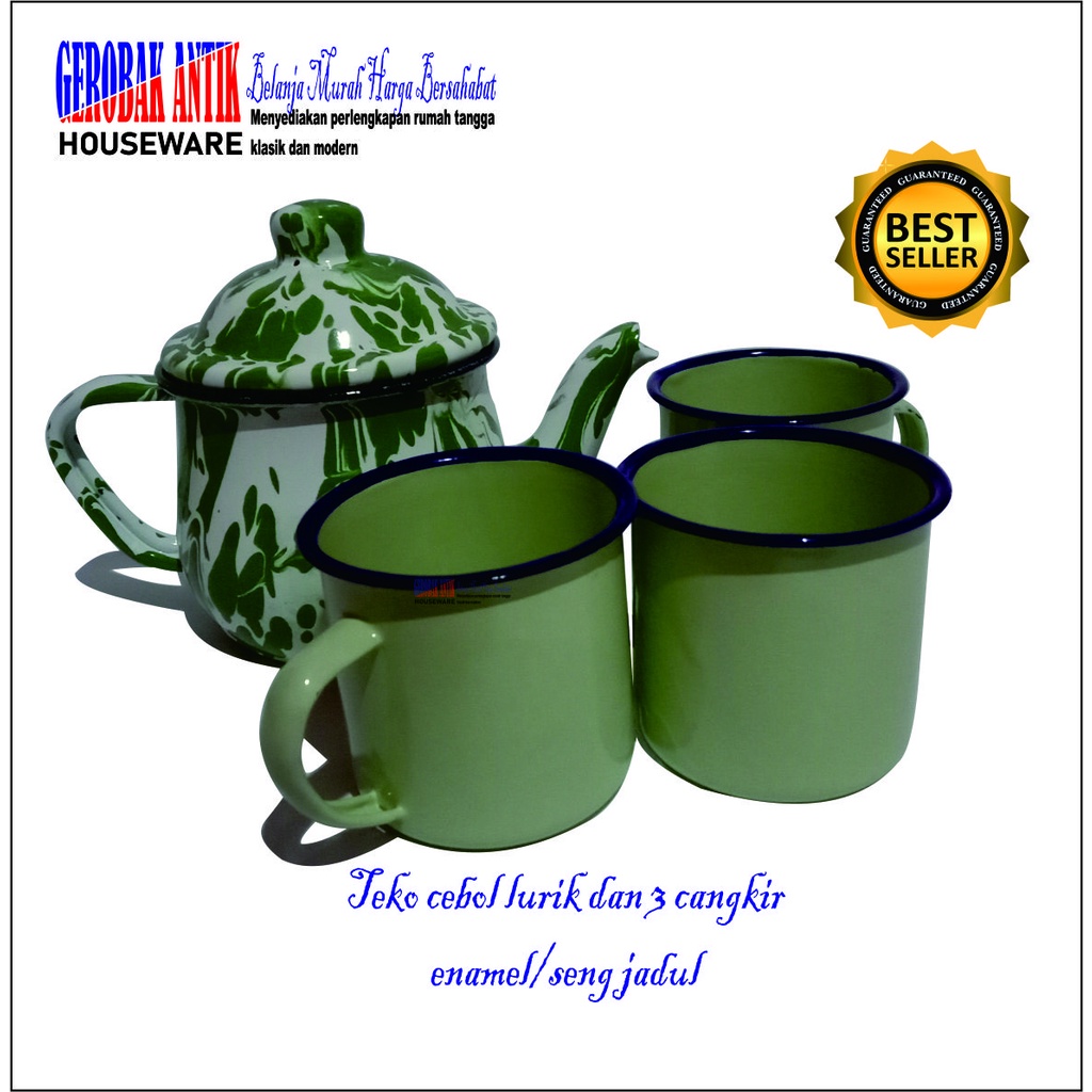 PAKET TEKO CEBOL LURIK DAN 3 CANGKIR POLOS ENAMEL - TEKO SENG/BLEK - CANGKIR SENG/BLEK - TEA SET