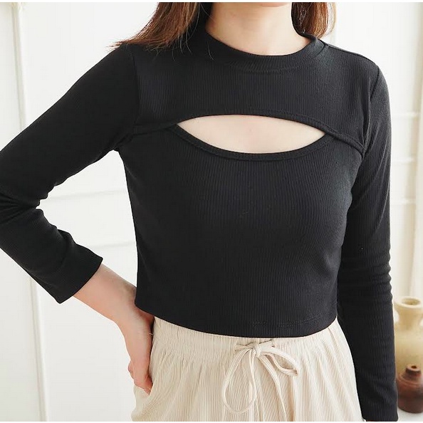 Korean Longsleeve Crop Top Korea Kaos Baju Lengan Panjang Wanita 074