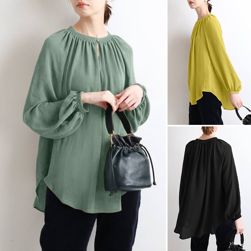 ZANZEA Women Button Down Front Long Sleeve Elastic Cuff Solid Korea Blouse